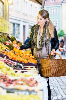 Pregnant woman shopping groceries on farmers market