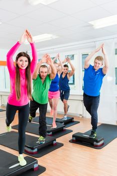 Workout group in fitness hall doing gymnastics with stepper