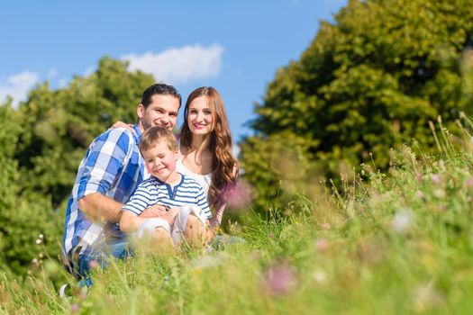 Family cuddling sitting on meadow in summer