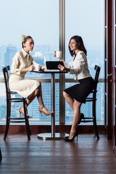 Indian and Indonesian Businesswomen having work meeting in front of skyline