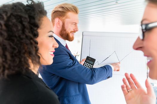 Business people analyze a graph on the whiteboard - man holds a pocket calculator and is pointing at the graph