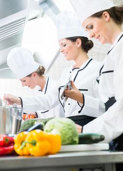 Team of chefs preparing food in canteen kitchen