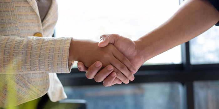 Close up of Business people shaking hands, finishing up meeting, business etiquette, congratulation, merger and acquisition concept.