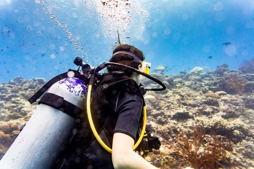 Tourist diving at coral reef and watching Green sea turtle