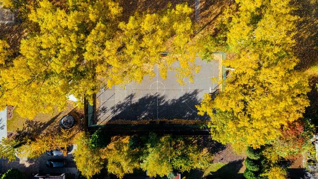 Aerial view of a basketball court, basketball court in autumn