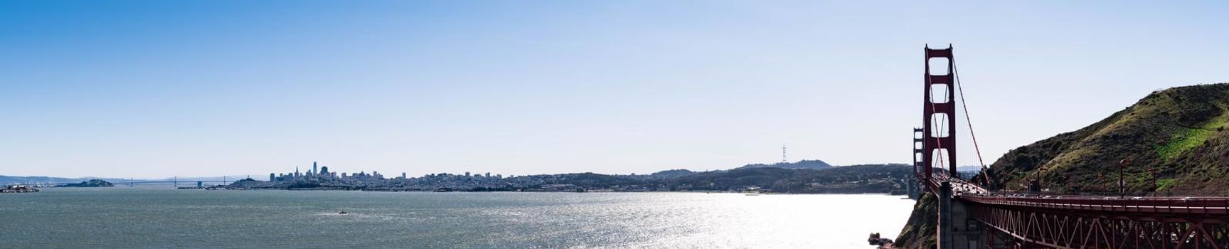 Panorama Shot of San Francisco Skyline photo of City and Bay Bridge, San francisco, California, USA, March 31, 2020