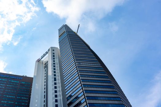 SINGAPORE - MAR. 30: View of skyscrapers in Central Business District on March 30, 2020 in Singapore.  Financial centre in SG with Capita Commercial, Bank of China and Maybank Bldgs