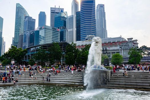 Singapore Merlion Park near Central Business District with some tourist, Singapore, March 30, 2020