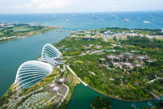 Singapore - November 11, 2017 : Skyline view of the Singapore Gardens by the bay, Flower dome and Cloud Forest facing the Ocean during day