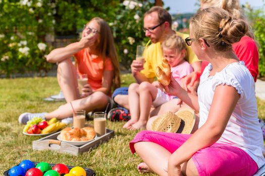 Family having picnic in garden front of their home