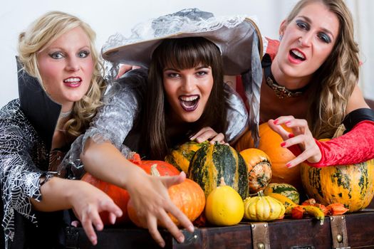 Four cheerful beautiful women toasting while celebrating Halloween together during costume party indoors in a decorated room