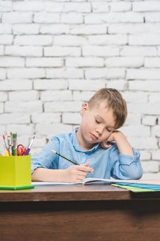 Young boy learning for school with his books