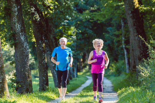 Full length front view of two active seniors with a healthy lifestyle smiling while jogging together outdoors in the park