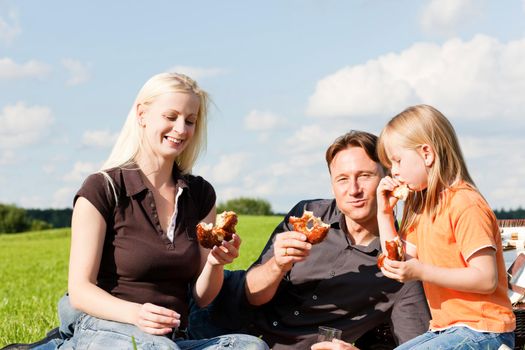 Family - father, mother and daughter child - having a picnic on a green meadow on a beautiful and bright summer day