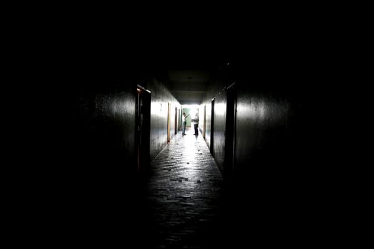 alagoinhas, bahia / brazil - july 3, 2019: internal view of the Public Library in the city of Alagoinhas. The dark place due to power outage.