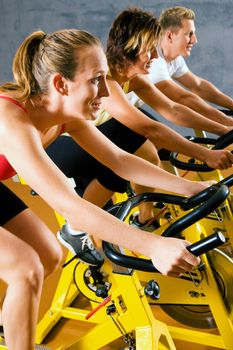 Three people spinning on bicycles in a gym or fitness club for a workout