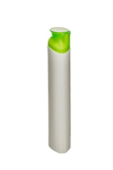 White plastic bottle on a white background, blank for design, place for text. Close up