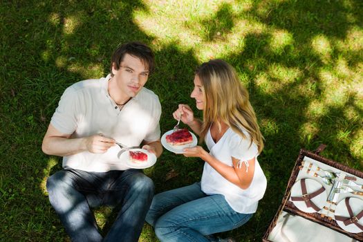 Couple sitting in the grass in summer having a picnic with strawberry cake