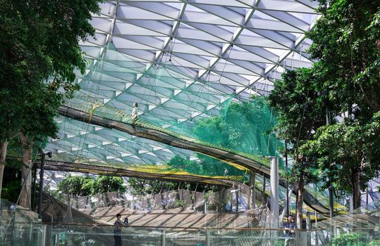 Airport Boulevard, Singapore- December 28, 2019: Manulife Sky Nets is the attraction sports two different nets that allow visitors to take a walk or bounce from a height at Jewel Canopy Park.