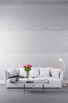 Couch in white standing at concrete wall, in front a coffee table with roses, Interior rendering