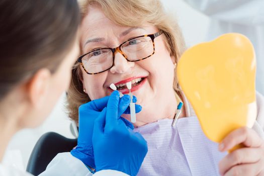 Dentist showing senior patient samples of teeth colors before dental bleaching counseling her