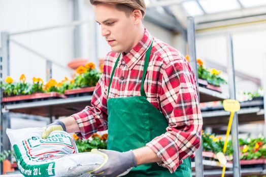 Young handsome man wearing green apron and gardening gloves while carrying a bag of potting soil during work at the flower market