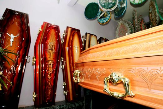 eunapolis, bahia / brazil - march 18, 2009: Funeral urn is seen at Dead Man's Coffin sale store in Eunapolis City.


