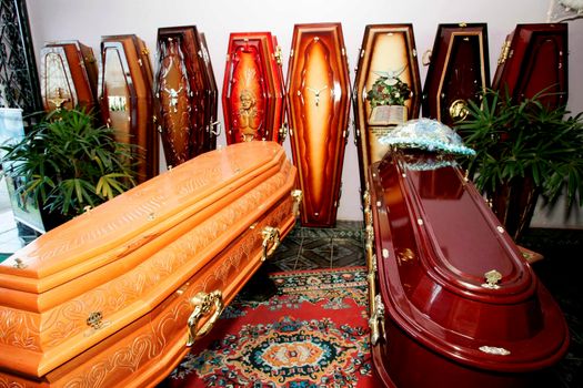 eunapolis, bahia / brazil - march 18, 2009: Funeral urn is seen at Dead Man's Coffin sale store in Eunapolis City.


