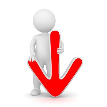 3D Rendering of a man holding a red down arrow on white background