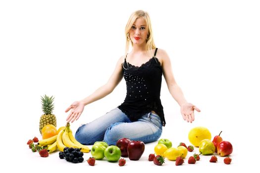 Food, fruit and healthy nutrition - Woman and a lot of fresh, delicious and healthy fruit