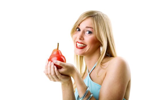 Food, fruit and healthy nutrition - Smiling woman with a red pear
