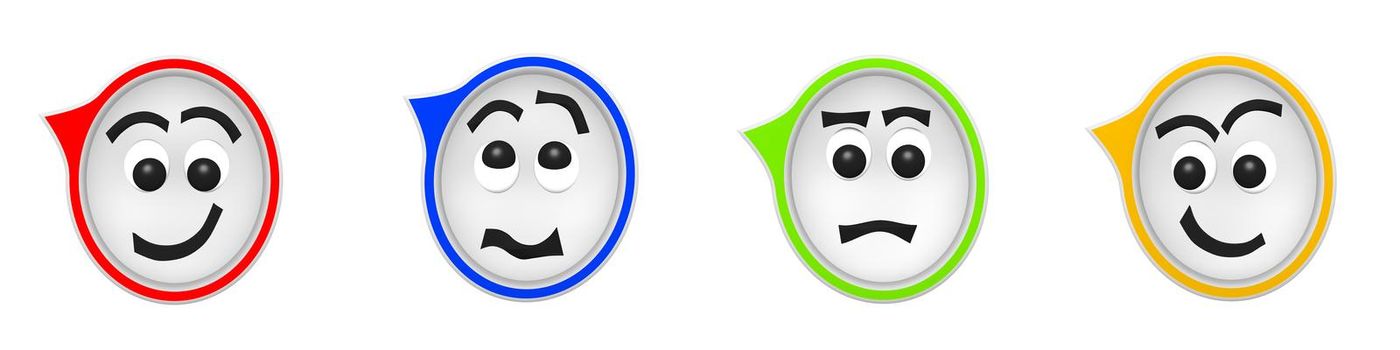 3D Rendering of four funny speech bubbles with different facial expressions on white background
