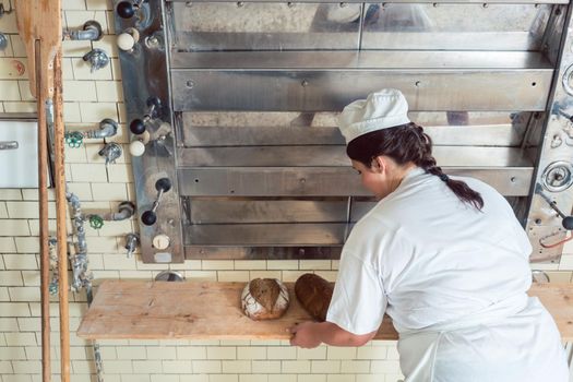 Baker woman getting bread loafs out of bakery oven putting them on a board