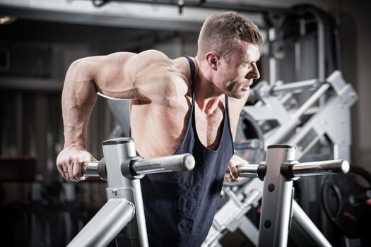 Bodybuilder man in gym doing dips as arm training