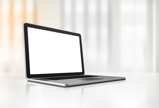 3D blank laptop computer isolated on office desk interior background. Illustration