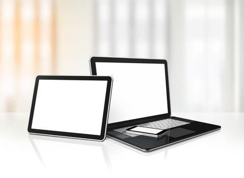 Laptop, mobile phone and digital tablet pc on office desk interior background. 3D Illustration