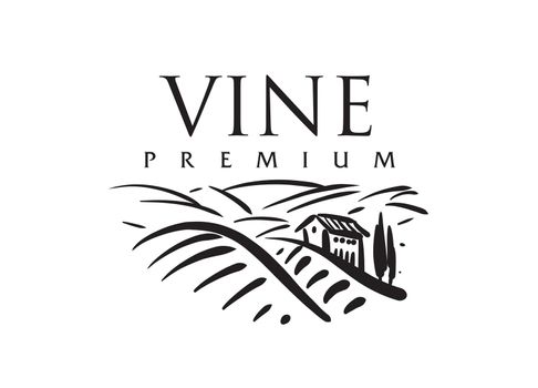 Vector logo drawn by hand. Landscape of vineyards for making wine.