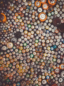 Old used batteries group. Top view background texture wallpaper