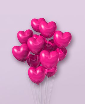 Pink heart shape air balloons group on a light purple background. 3D illustration render