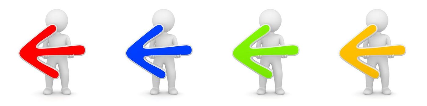 3D Rendering of man with arrow to the left - different colors