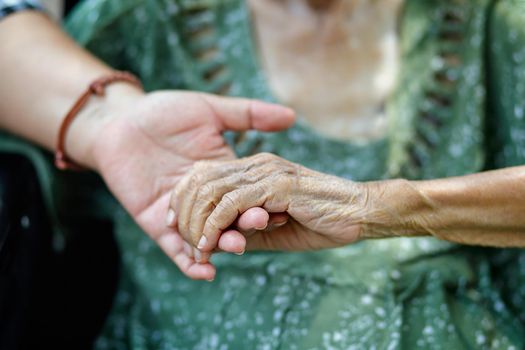 Elderly asian woman on wheelchair at home with daughter take care