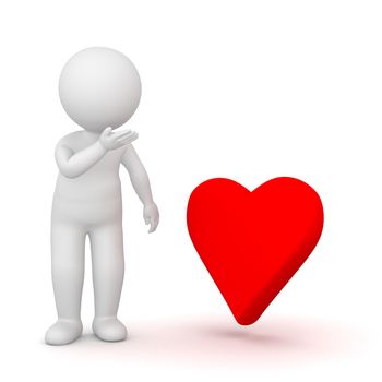 3D Rendering of a shy man looking at a red heart shape on white background