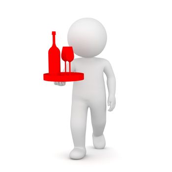 3D Rendering of a waiter bringing two glasses and a bottle of red wine on white background