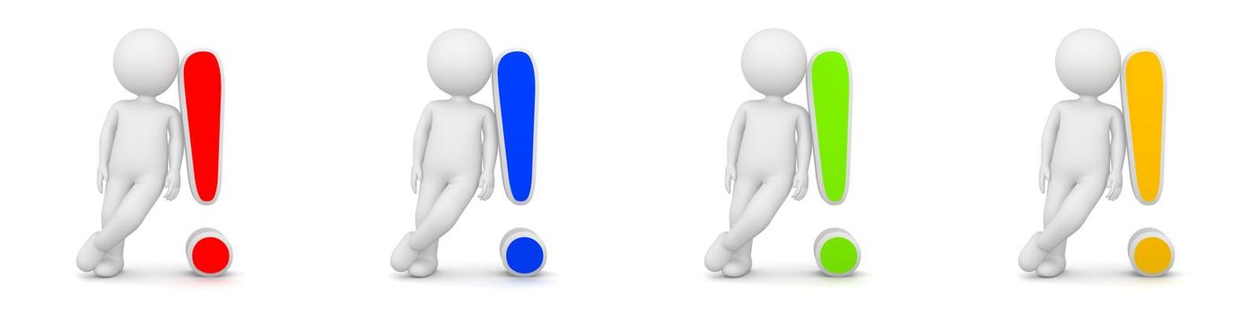 3D Rendering of man with exclamation mark having answer - different colors