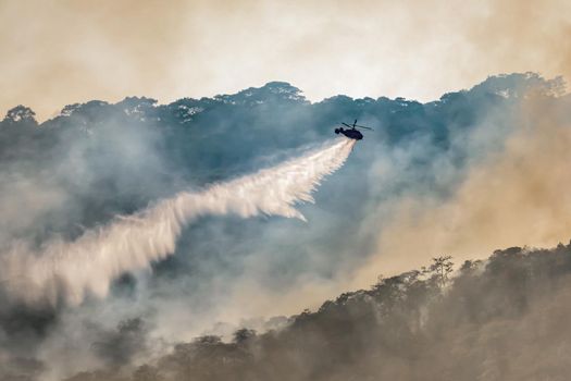 Firefighting helicopter dropping water on forest fire