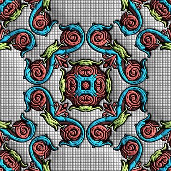 3D render of plastic background template tile with embossed abstract colorful pattern ornament symmetry