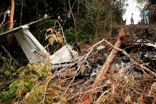 porto seguro, bahia / brazil - may 25, 2009: wreckage of a Super King Air B-350 model plane crashing at Terravista Airport in the Trancoso district of Porto Seguro.