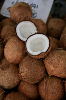 salvador, bahia, brazil - january 27, 2021: broken dry coconut is seen for sale at the fair in japan, in the Liberdade neighborhood in the city of Salvador.