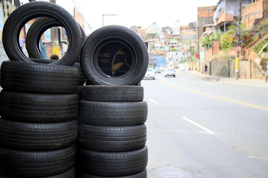 salvador, bahia, brazil - january 27, 2021: used tires are seen in a tire shop in the city of Salvador.