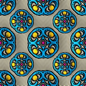3D render of plastic background template tile with embossed abstract colorful pattern ornament symmetry